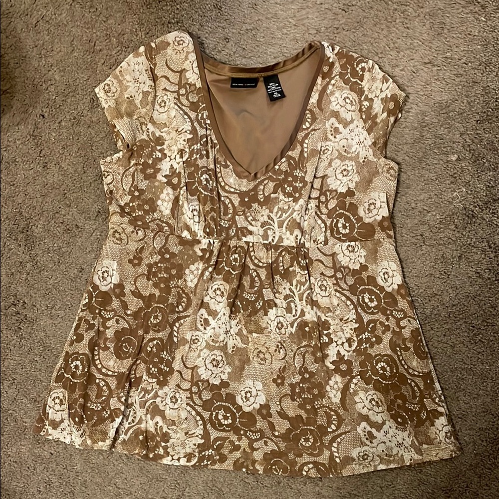 New York & Company Tan and Cream Floral Top